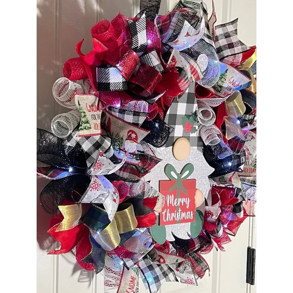 Handmade Merry Christmas Gnome Holiday Ribbon Door Wreath 22 ins W44